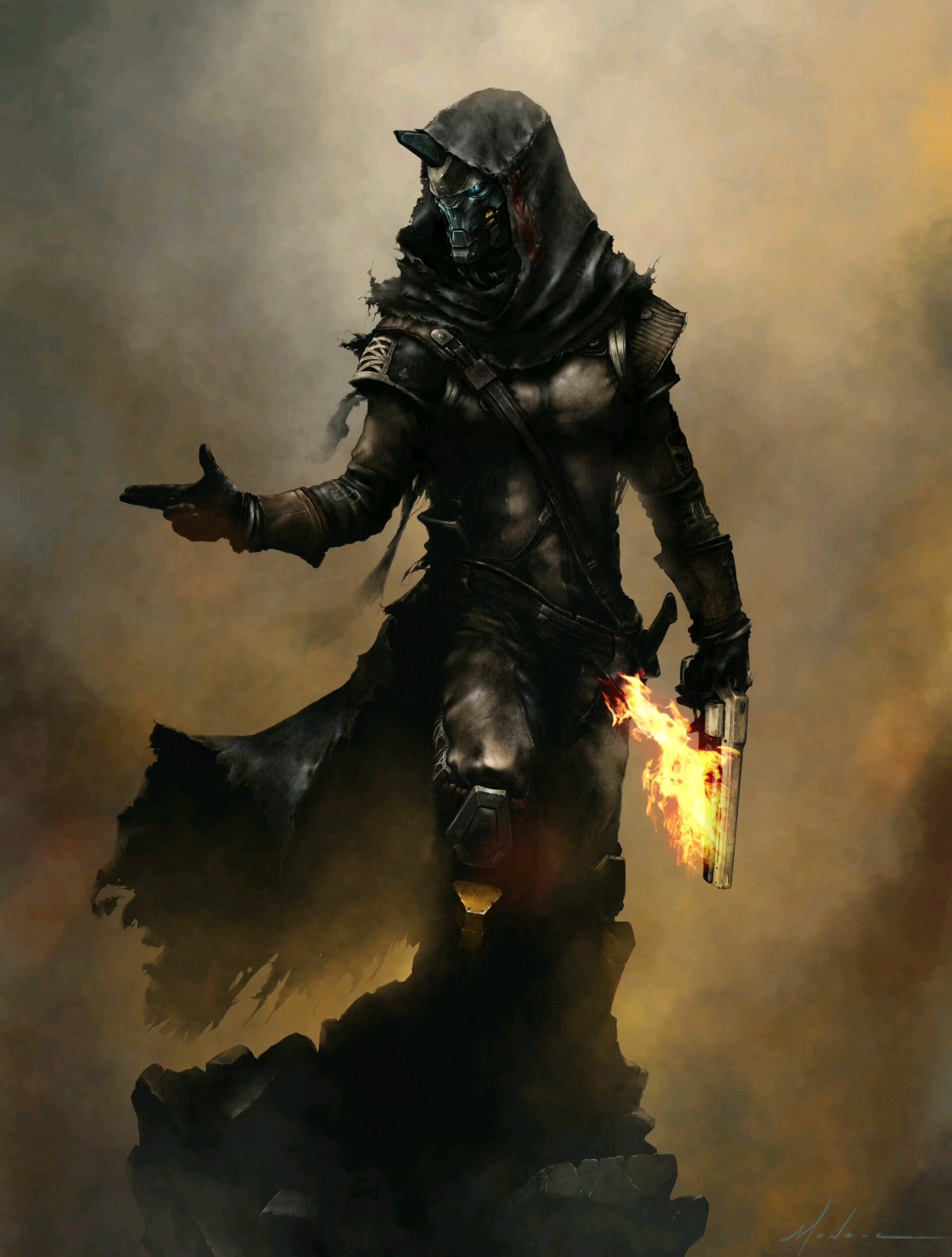 Cayde 6 holding a flaming hand cannon and making a shooter gesture