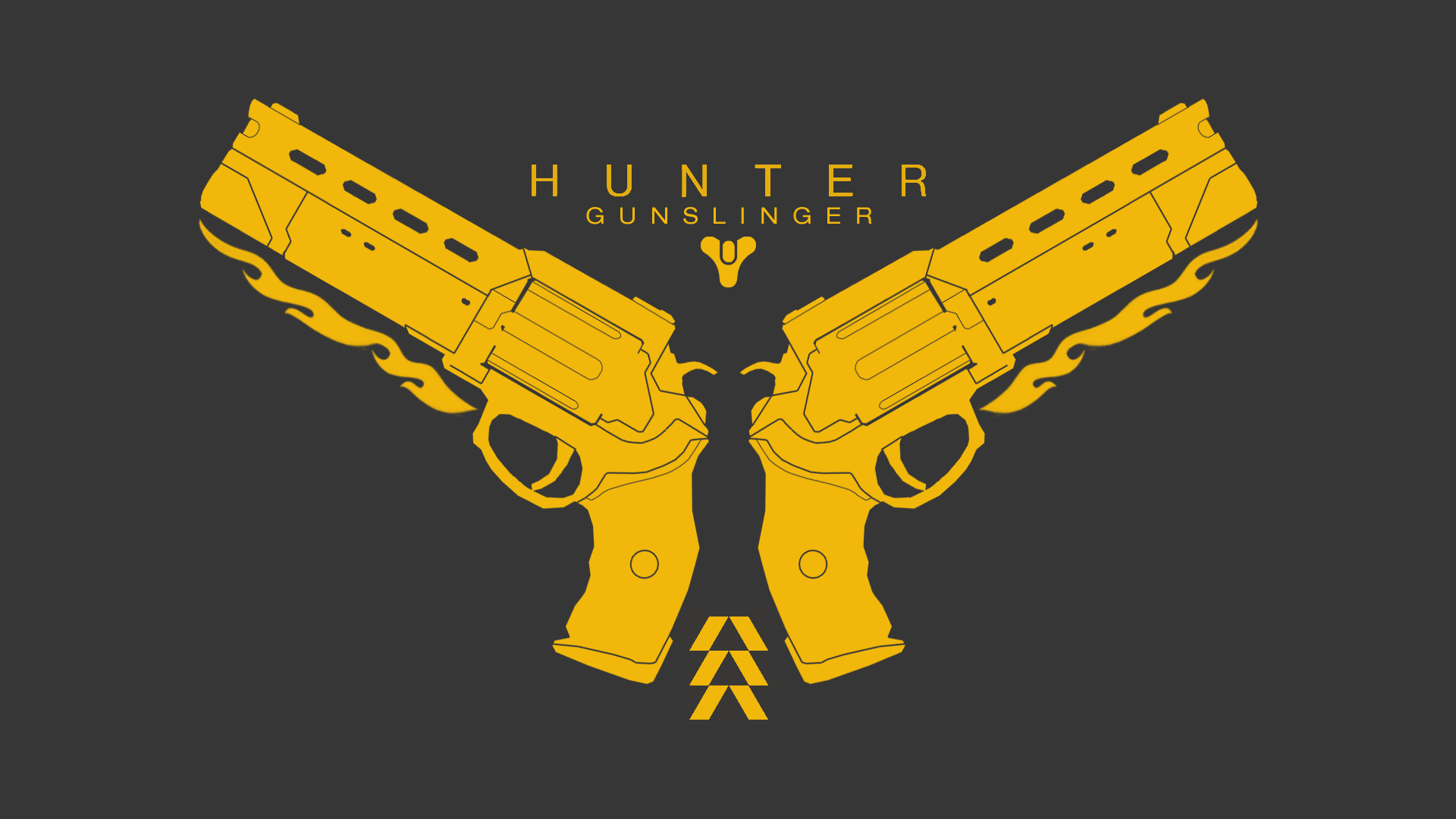 Two revolvers facing away from each other to make the Gunslinger logo